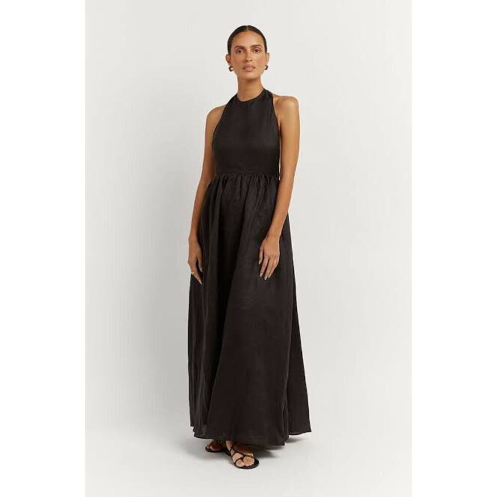 DISSH Audrey Linen Halter‎ Open Back Maxi Dress Copper Black Size 2